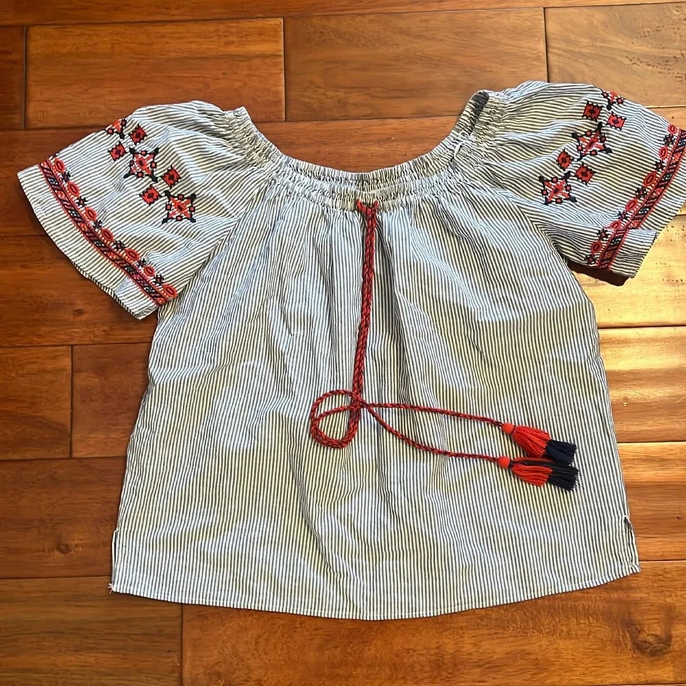 LOFT Blue Striped Blouse with Red Embroidery